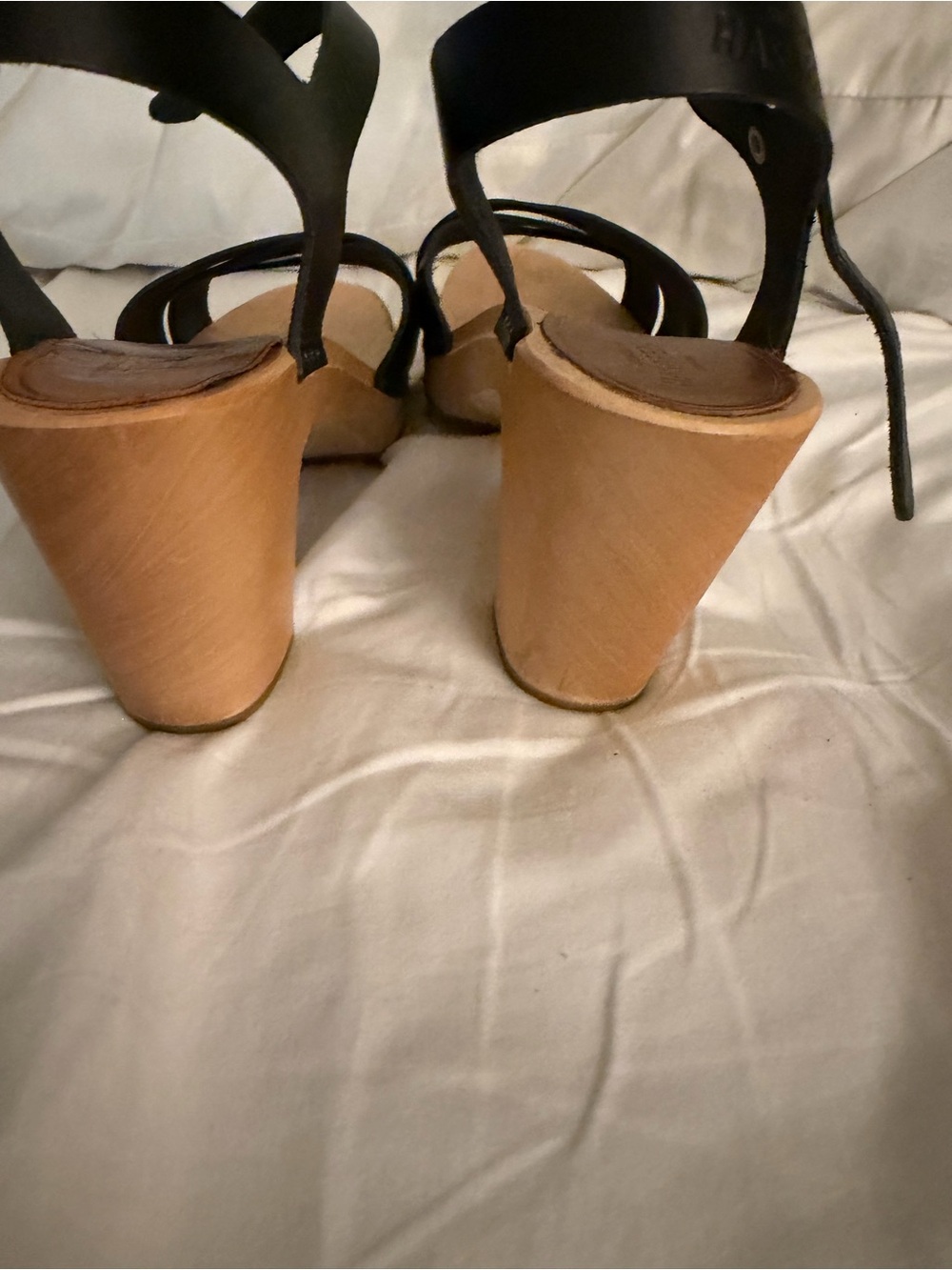 Hasbeen Black Leather Strappy Sandals with Natural Wood Heel